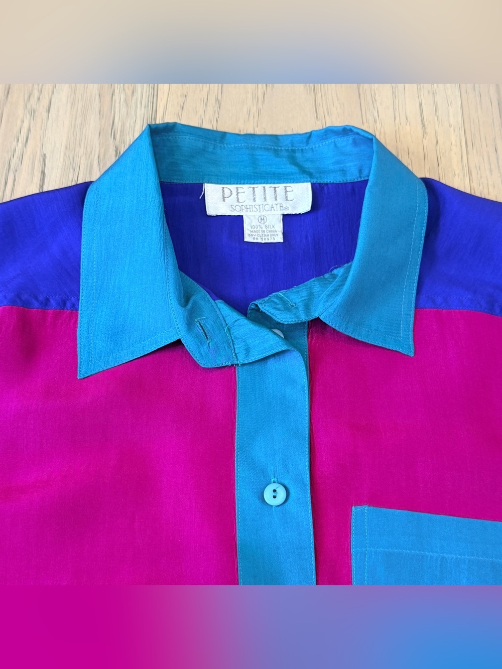Vintage Silk Petite Sophisticate Color Block Blouse Medium Pink Teal Purple Y2K - Picture 4 of 13